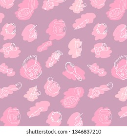 Seamless pattern of beauty and cosmetics items drawn items