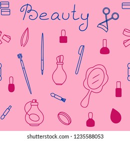 Seamless pattern of beauty cosmetics tools vector illustration sketch colored pink