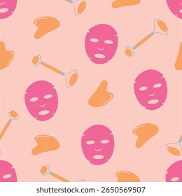 Seamless pattern with beauty gadgets. Face mask, massage roller and gua sha tool. Skin care products for SPA. Beauty routine. Hand drawn vector illustration