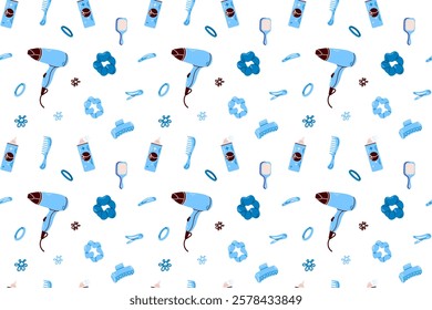 Seamless Pattern with Beauty and Hair Tools. A seamless pattern featuring a variety of beauty and hair styling tools, including hairdryers, combs, and clips, in blue colors.