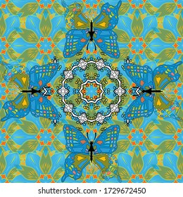 Seamless pattern. Beauty in Nature. Vector. Beautiful butterfly flying on green, blue and yellow background. Pattern for fabric, textile, print and invitation.
