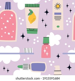 Seamless pattern with beauty products. Background. Face care and self care concept. Pattern with toner, cream, serum, teeth brush and cute design elements like clouds and star dust.