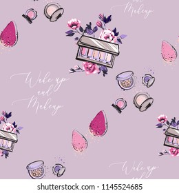 Seamless pattern for beauty salon with flowers, makeup brushes and tools. Stylish and beautiful graphic on pink background. Design for logo, t shirt and uniform.