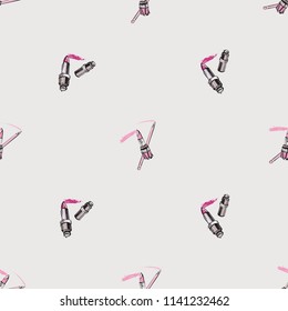 Seamless pattern for beauty salon with lips pencil and lipstick. Vector fashion illustrations with watercolor style paint splashes. Design for logo, t shirt and uniform.