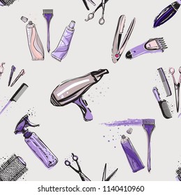 Nahtloses Muster für Schönheitssalon mit Schminkwerkzeugen. Vektorillustration-Modeillustrationen mit Aquarellfarben-Splash. Stilvolle Grafik auf weißem Hintergrund. Design für Logo, T-Shirt und Uniform.