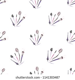 Seamless pattern for beauty salon with makeup brushes. Vector fashion illustrations with watercolor style paint splashes. Design for logo, t shirt and uniform.