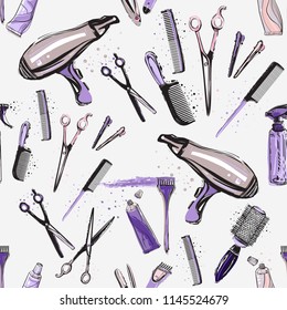 Seamless pattern for beauty salon with makeup tools. Vector fashion illustrations with watercolor style paint splashes. Stylish graphic on white background. Design for logo, t shirt and uniform.