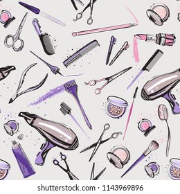 Seamless pattern for beauty salon with manicure, makeup, hairdressing tools. Vector fashion illustrations with watercolor style paint splashes. Design for logo, t shirt and uniform.