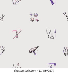 Seamless pattern for beauty salon with manicure, makeup, hairdressing tools. Vector fashion illustrations with watercolor style paint splashes. Design for logo, t shirt and uniform.