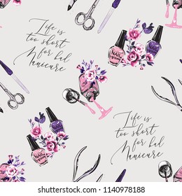 Seamless pattern for beauty salon with nail polish drop and flowers, roses, manicure tools. Vector fashion illustrations with watercolor style paint splashes. Design for logo, t shirt and uniform.