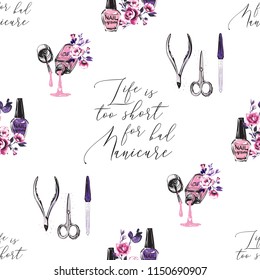 Seamless pattern for beauty salon with nail polish drop and flowers, roses, manicure tools. Vector fashion illustrations with watercolor style paint splashes. Design for logo, t shirt and uniform.