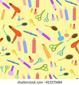 Seamless pattern with beauty salon on a yellow background vector illustration