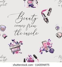 Seamless pattern for beauty salon. Vector fashion illustrations with watercolor style paint splashes. Stylish and beautiful graphic on white background. Design for logo, t shirt and uniform.