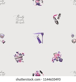 Seamless pattern for beauty salon. Vector fashion illustrations with watercolor style paint splashes. Stylish and beautiful graphic on white background. Design for logo, t shirt and uniform.