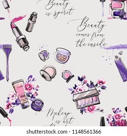Seamless pattern for beauty salon. Vector fashion illustrations with watercolor style paint splashes. Stylish and beautiful graphic on white background. Design for logo, t shirt and uniform.