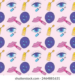 Seamless pattern from a beauty set - cosmetic face mask, lipstick, mascara, nail polish on a pink background.