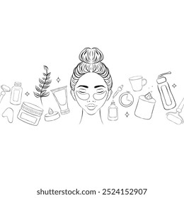 Seamless Pattern with Beauty and Spa Doodle Items. Composition of Candles, Towels, Stones and Cream or Oil for Massage. Hand Drawn Sketch Frame with Engraved Aromatherapy. Linear Vector Illustration
