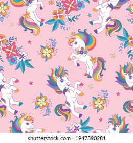 Seamless pattern with beauty unicorns and flowers on pink background. Vector illustration for party, print, baby shower, wallpaper, design, decor, linen, dishes, bed linen and kids apparel