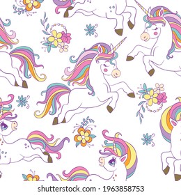 Nahtloses Muster mit Schönheitssongern und Blumen auf weißem Hintergrund. Vektorgrafik für Party, Druck, Babydusche, Tapete, Design, Deko, Wäsche, Geschirr, Bettwäsche und Kinderbekleidung