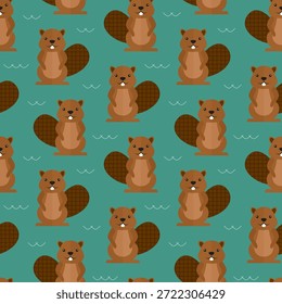 Patrón sin fisuras Castor Animal Bosque Bosque en un fondo azul Vector Fondo de pantalla Textil Giftwrap Tela