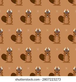 seamless pattern beaver animal woods forest water with viking helmet on a brown background vector wallpaper textile giftwrap fabric
