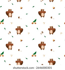 Seamless pattern with beaver holding a piece of wood in his paws and grisettes it, leaves, acorns, mushrooms hand drawn with trendy textures. Image for printing on wrapping paper and canvas, for kids