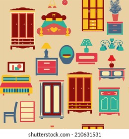 seamless pattern with bedroom set furniture retro style background