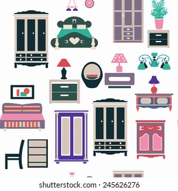 seamless pattern with bedroom set furniture retro style background