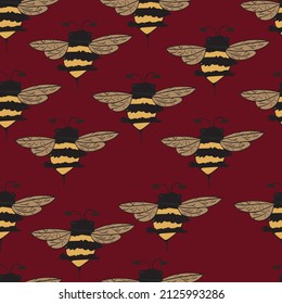 seamless pattern, bee pattern background on burgundy background