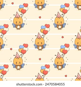 Seamless pattern with bee in birthday cap with balloons on yellow striped background. Vector illustration. Cute cartoon insect kawaii character. Kids collection.
