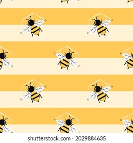 Seamless pattern with bee cartoon on yellow stripe background vector illustration.