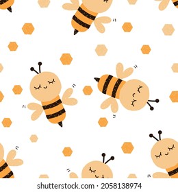 Seamless pattern with bee cartoons and beehive honeycomb on white background vector illustration.