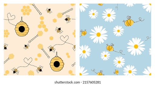 Seamless pattern with bee cartoons, beehive honeycomb and daisy flower on yellow and blue backgrounds vector. 