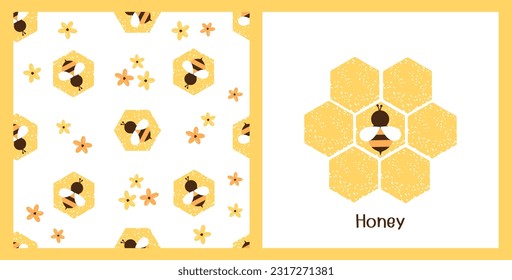 Patrón sin foco con dibujos animados de abejas con signo de hexágono de colmena y flor linda con fondo blanco. Dibujo de abeja sobre ilustración vectorial de fondo blanco.