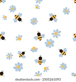 Seamless pattern with bee cartoons and blue flower on white background vector. 