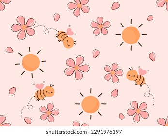 Seamless pattern with bee cartoons, cute flower and sun on pink background vector illustration. Cute childish print.