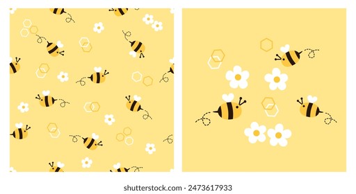 Seamless pattern with bee cartoons, cute flower and beehive sign on yellow background. Bee cartoons and cute flower vector.