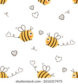 Seamless pattern with bee cartoons and cute hearts on white background vector.