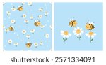 Seamless pattern with bee cartoons and daisy flower on blue background. Bee cartoons and daisy icon set vector.