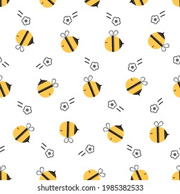 Seamless pattern with bee cartoons and daisy flower on white background vector illustration. Cute childish print.