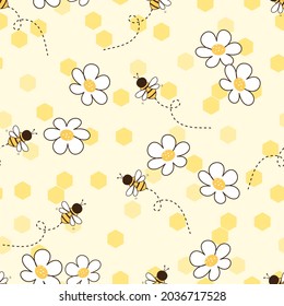 Patrón sin foco con dibujos animados de abejas y flor de margarita en la ilustración vectorial de fondo de miel. Huella infantil.