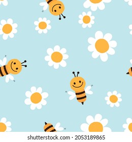 Seamless pattern with bee cartoons and daisy garden on blue background vector illustration. Cute childish print.