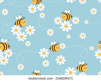 Seamless pattern with bee cartoons and daisy garden on blue background vector illustration. Cute summer wallpaper.