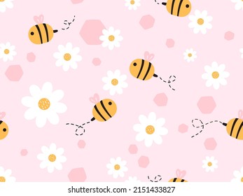 Patrón sin foco con dibujos animados de abejas y flor de margarita en la ilustración vectorial de fondo rosa. 