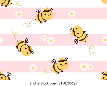 Seamless pattern with bee cartoons and daisy flower on white pink stripe background vector illustration.