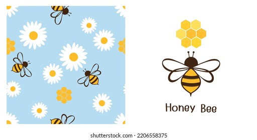 Seamless pattern with bee cartoons and daisy flower on blue background. Bee and beehive honeycomb sign logo isolated on white background vector illustration.