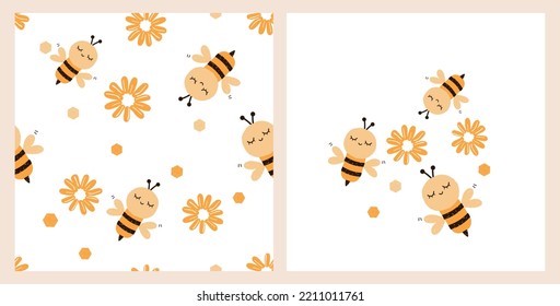 Seamless pattern with bee cartoons and daisy flower on white background. Bee and flower isolated on white background vector illustration.
