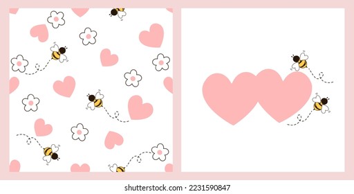 Seamless pattern with bee cartoons, daisy flower and pink hearts on white background. Pink hearts and bee cartoons vector illustration.