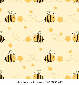 Patrón sin foco con dibujos animados de abejas, flor de margarita y línea de puntos cardíacos sobre ilustración vectorial de fondo amarillo. 