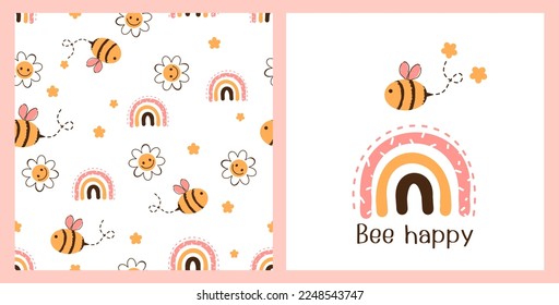 Seamless pattern with bee cartoons, daisy flower and rainbows on white background. Bee cartoon and rainbow vector illustration. Cute childish print.